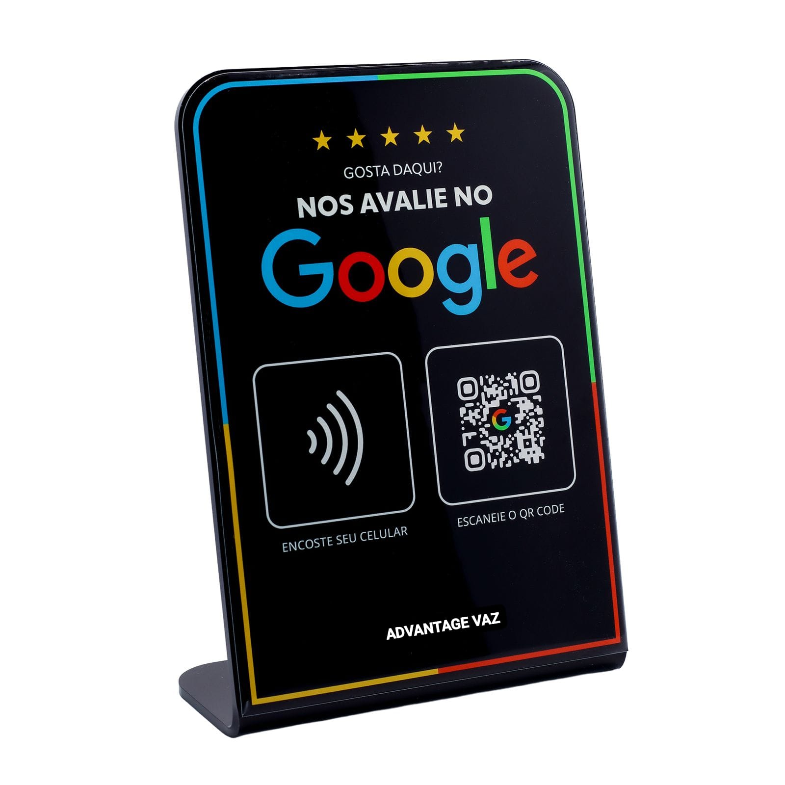 Placa de avaliação Google da AdvantageVaz, com NFC e QR code